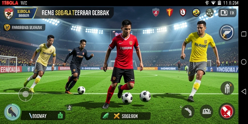 Screenshot utama 11BOLA menampilkan aksi seru dalam pertandingan sepak bola.