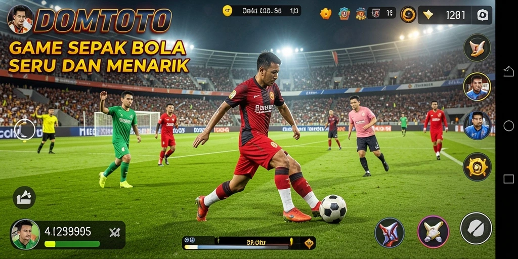 Tampilan gameplay yang dinamis dalam DOMTOTO saat pertandingan sepak bola.