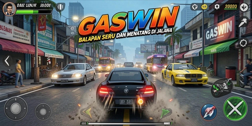 Screenshot GASWIN menampilkan aksi balapan yang mendebarkan dengan grafis berkualitas tinggi.