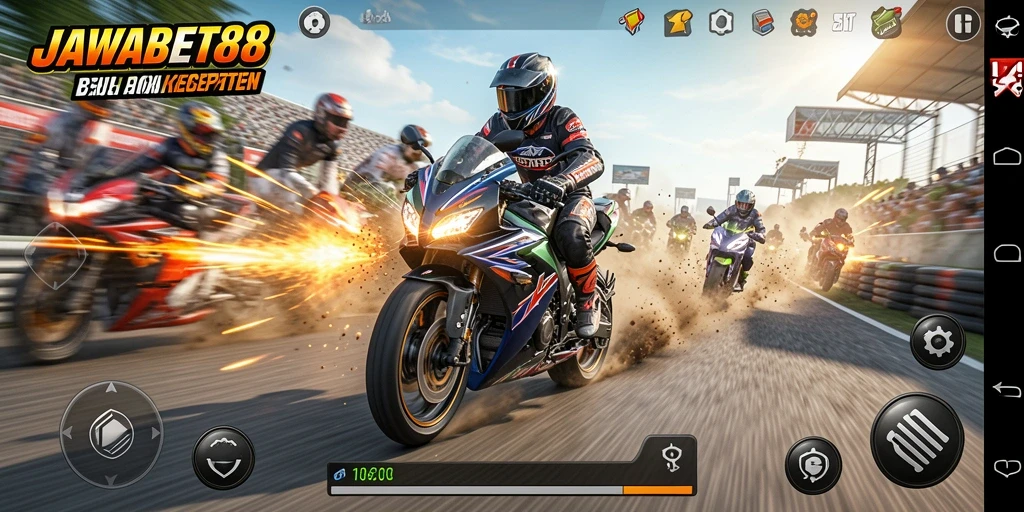Gameplay JAWABET88 menampilkan balapan motor yang seru dan mendebarkan.