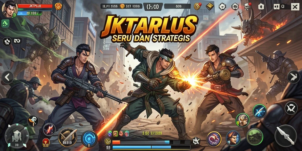 Tampilan utama JKTPLUS dengan aksi pertarungan seru antara karakter.