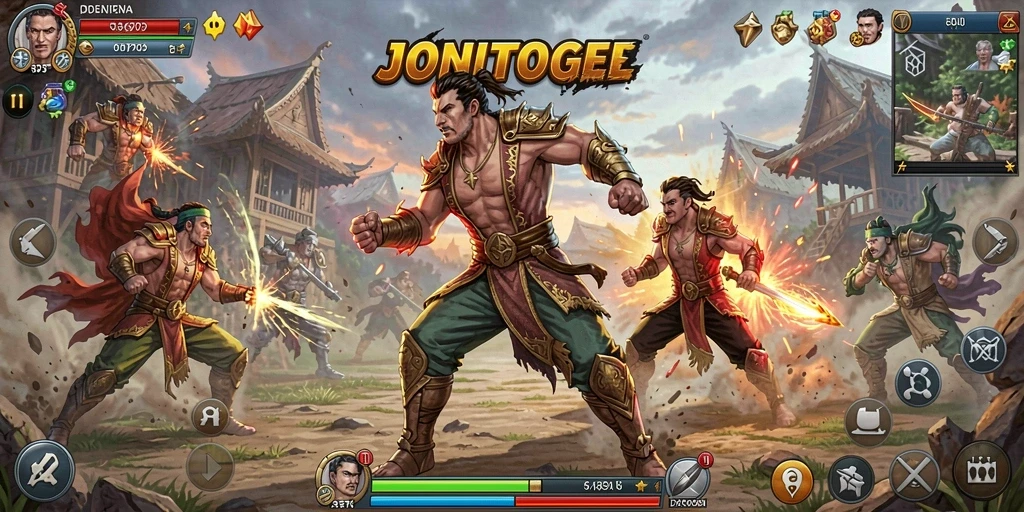 Menampilkan pertarungan epik dalam JONITOGEL dengan karakter unik.