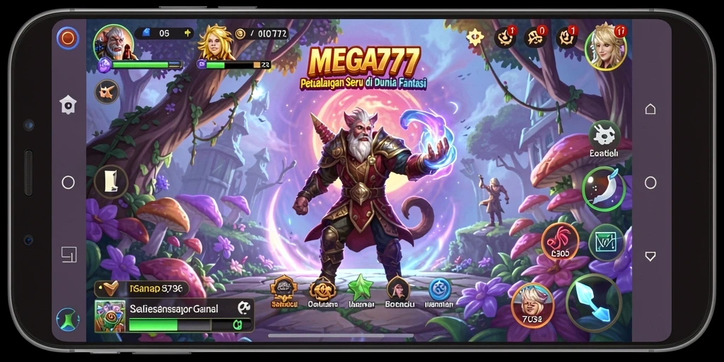Tampilan gameplay MEGA777 menampilkan karakter dalam petualangan epik.