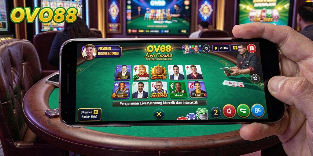 Screenshot gameplay OVO88 menampilkan dealer langsung yang berinteraksi dengan pemain.