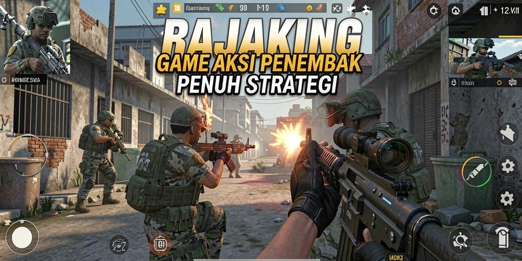 Screenshot utama RAJAKING menampilkan aksi menembak intens di tengah pertempuran.