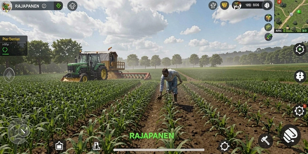 Screenshot utama dari gameplay RAJAPANEN menunjukkan suasana ladang yang indah.