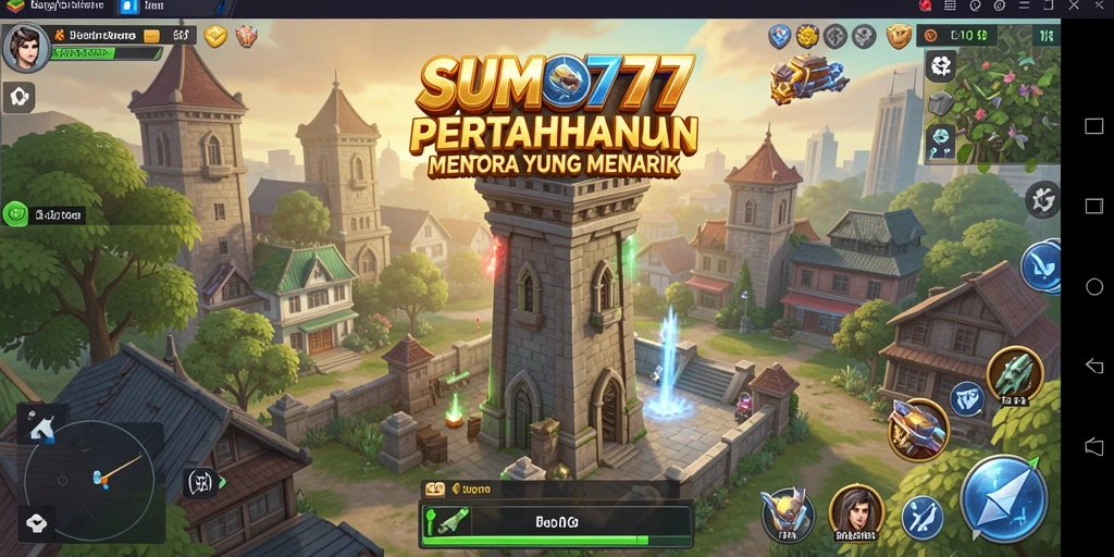 Tangkapan layar utama SUMO777 menampilkan aksi menara pertahanan yang intens.